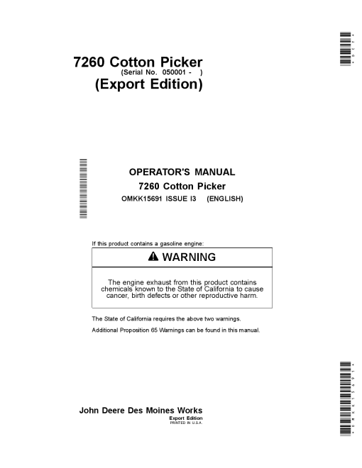 John Deere 7260 Cotton Picker (050001-) OMKK15691 Operators and Maintenance Manual PDF Download