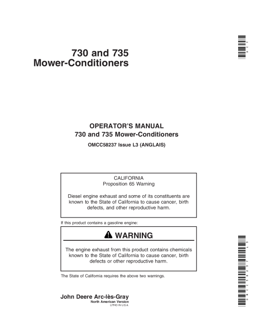 John Deere 730, 735 Mower Conditioner OMCC58237 Operators and Maintenance Manual PDF Download