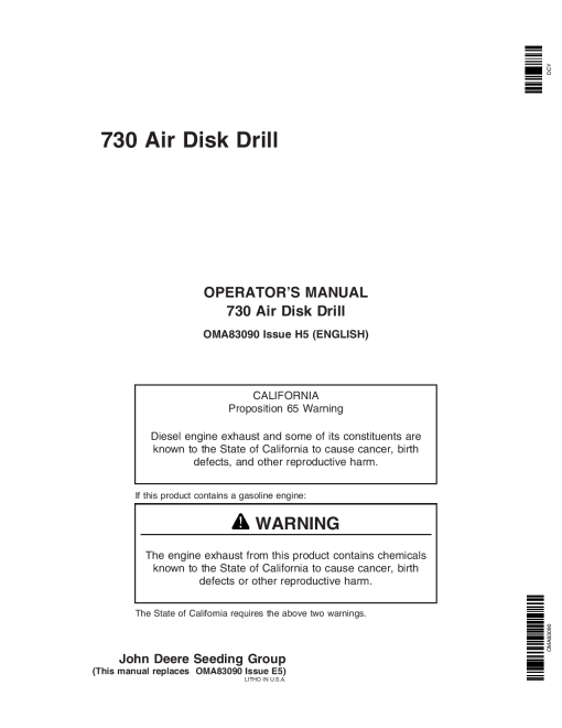 John Deere 730 Air Disk Drill OMA83090 Operators and Maintenance Manual PDF Download