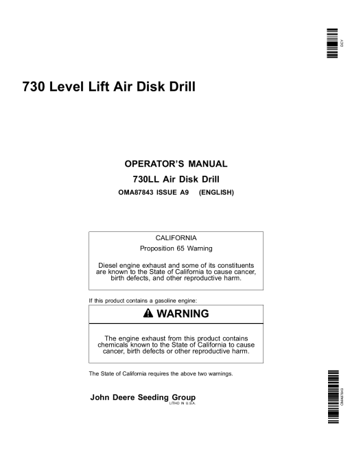 John Deere 730 Level Lift Air Disk Drill North American Edition (730101-735100) OMA87843 Operators and Maintenance Manual PDF Download