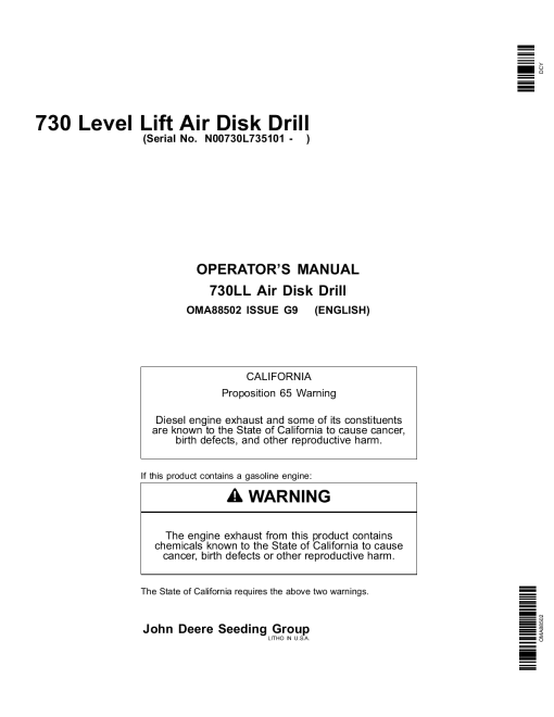 John Deere 730 Level Lift Air Disk Drill North American Edition (735101-740100) OMA88502 Operators and Maintenance Manual PDF Download