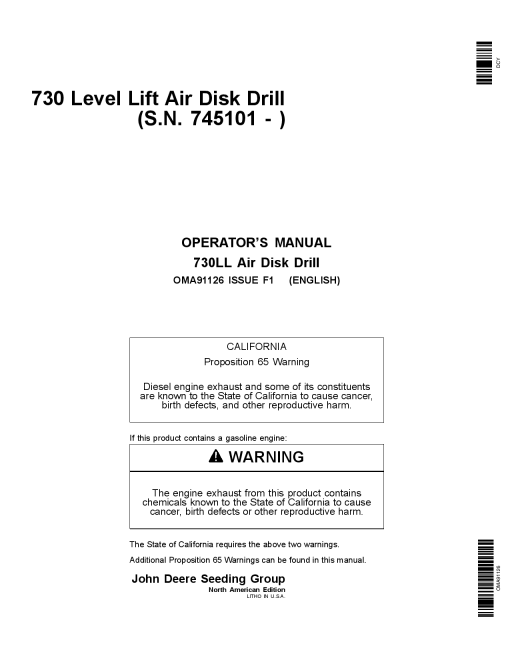 John Deere 730 Level Lift Air Disk Drill North American Edition (745101-750100) OMA91126 Operators and Maintenance Manual PDF Download