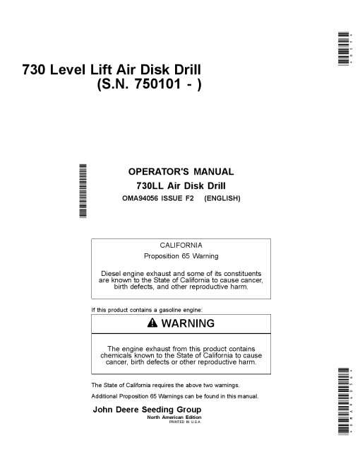 John Deere 730 Level Lift Air Disk Drill North American Edition (750101-760100) OMA94056 Operators and Maintenance Manual PDF Download