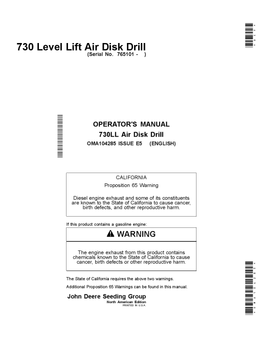 John Deere 730 Level Lift Air Disk Drill North American Edition (765101-) OMA104285 Operators and Maintenance Manual PDF Download