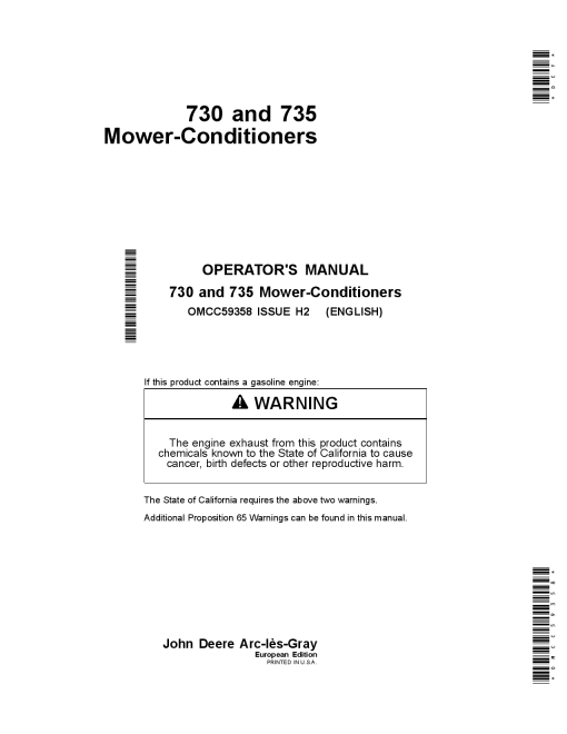 John Deere 730 and 735 Mower-Conditioners OMCC59358 Operators and Maintenance Manual PDF Download