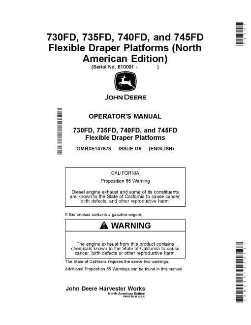 John Deere 730FD, 735FD, 740FD, and 745FD Flexible Draper Platforms OMHXE147673 Operators and Maintenance Manual PDF Download