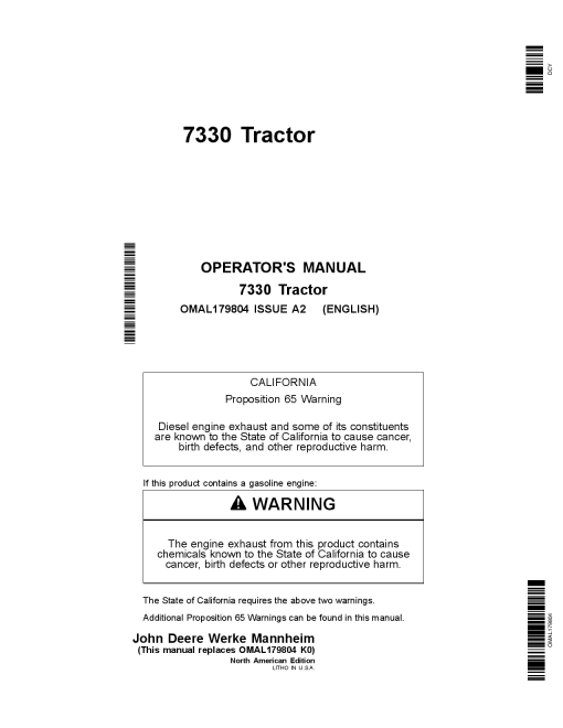John Deere 7330 Tractor OMAL179804 Operators and Maintenance Manual PDF Download