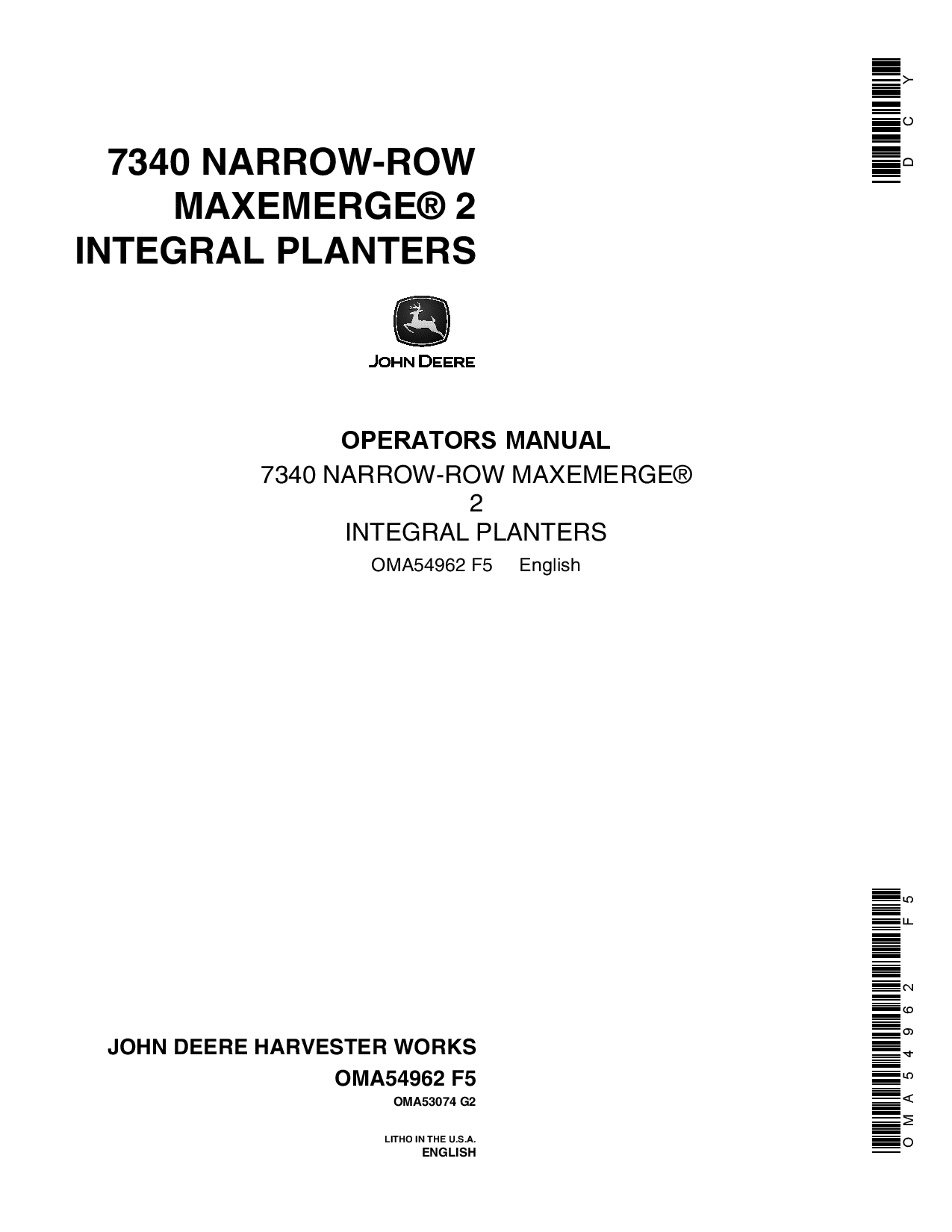 John Deere 7340 Integral Planters 6N, 6W, 8N & 8W OMA54962 Operators and Maintenance Manual PDF Download
