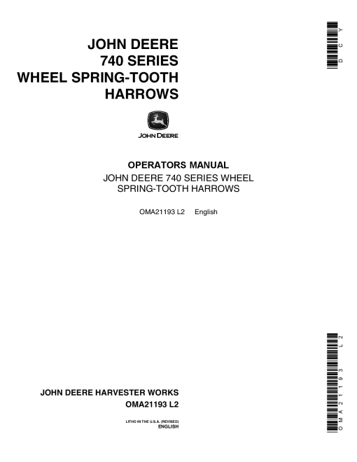 John Deere 740 Series Wheel Spring Tooth Harrows OMA21193 Operators and Maintenance Manual PDF Download