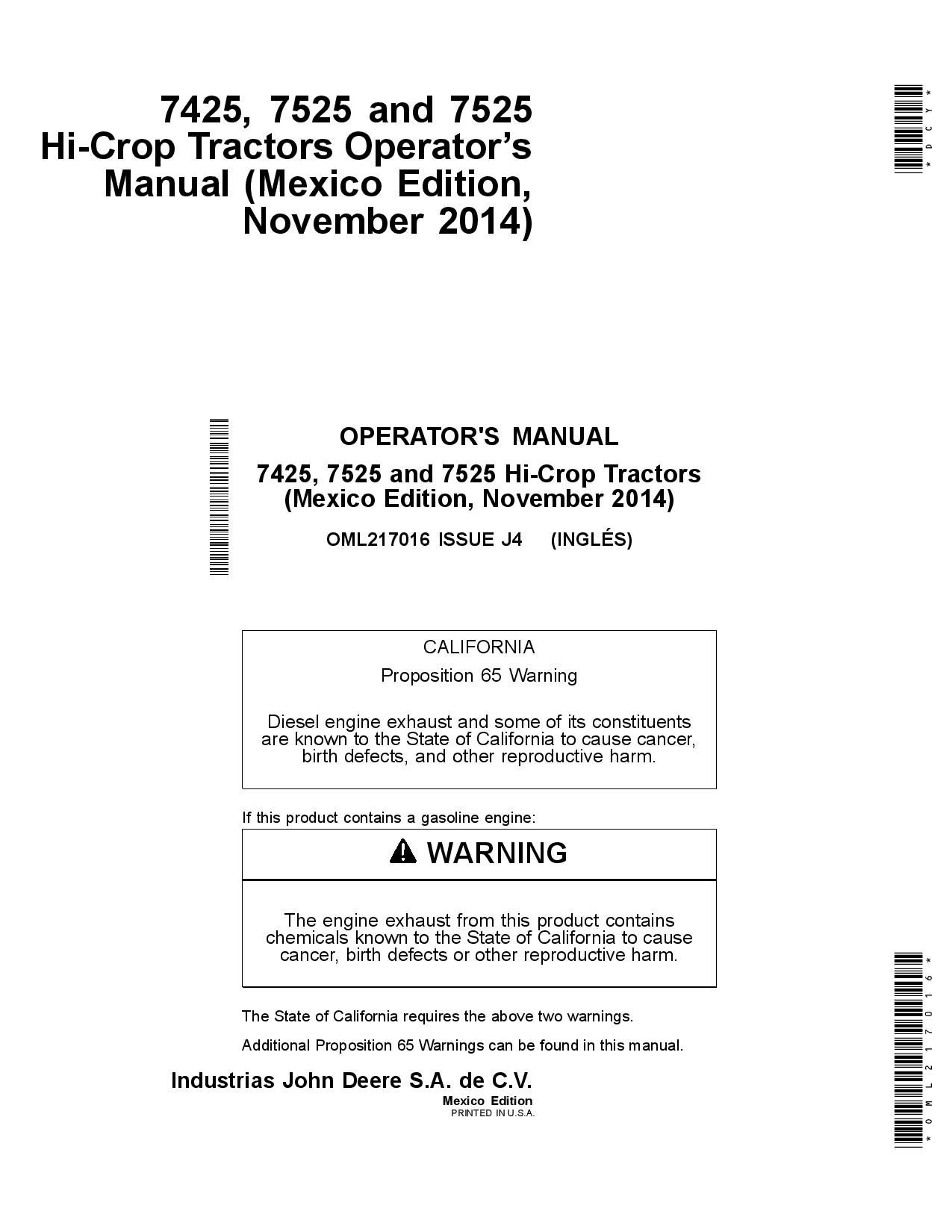 John Deere 7425, 7525 &7525 Hi-Crop Tractors North American Edition OML217016 Operators and Maintenance Manual PDF Download