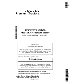 John Deere 7430 & 7530 Premium Tractors OMAL171363 Operators and Maintenance Manual PDF Download
