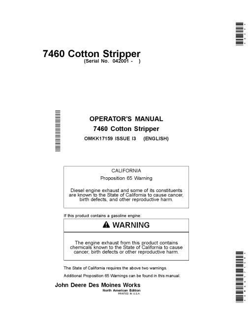 John Deere 7460 Cotton Strippers North American Edition (042001-043000) OMKK17159 Operators and Maintenance Manual PDF Download