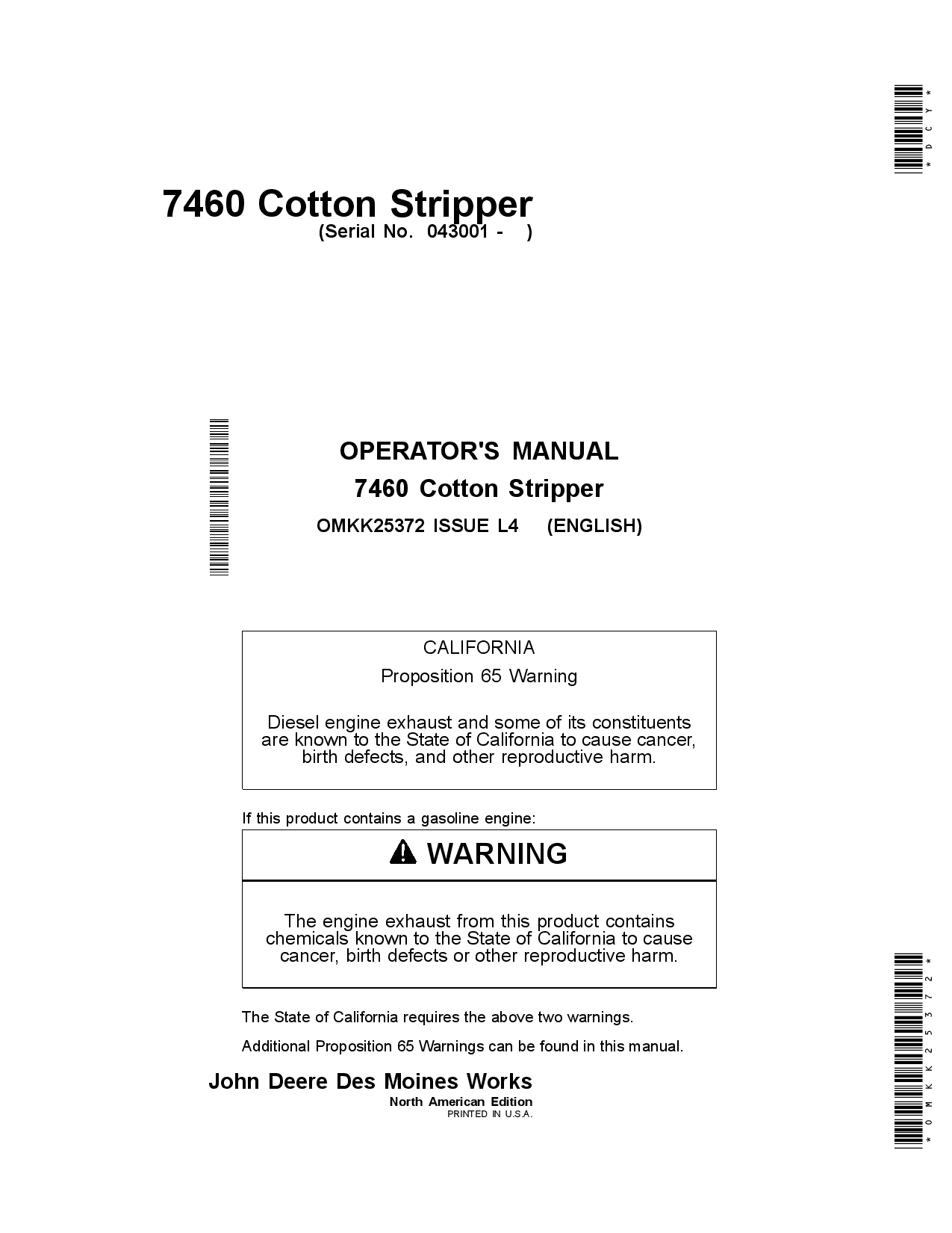 John Deere 7460 Cotton Strippers North American Edition (043001-) OMKK25372 Operators and Maintenance Manual PDF Download