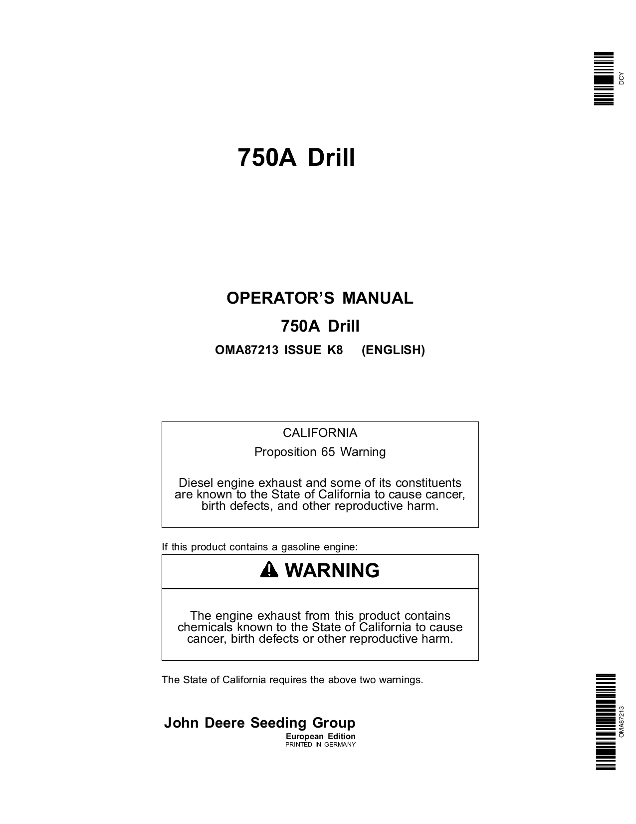 John Deere 750A Grain Drill European Edition (730101-755100) OMA87213 Operators and Maintenance Manual PDF Download
