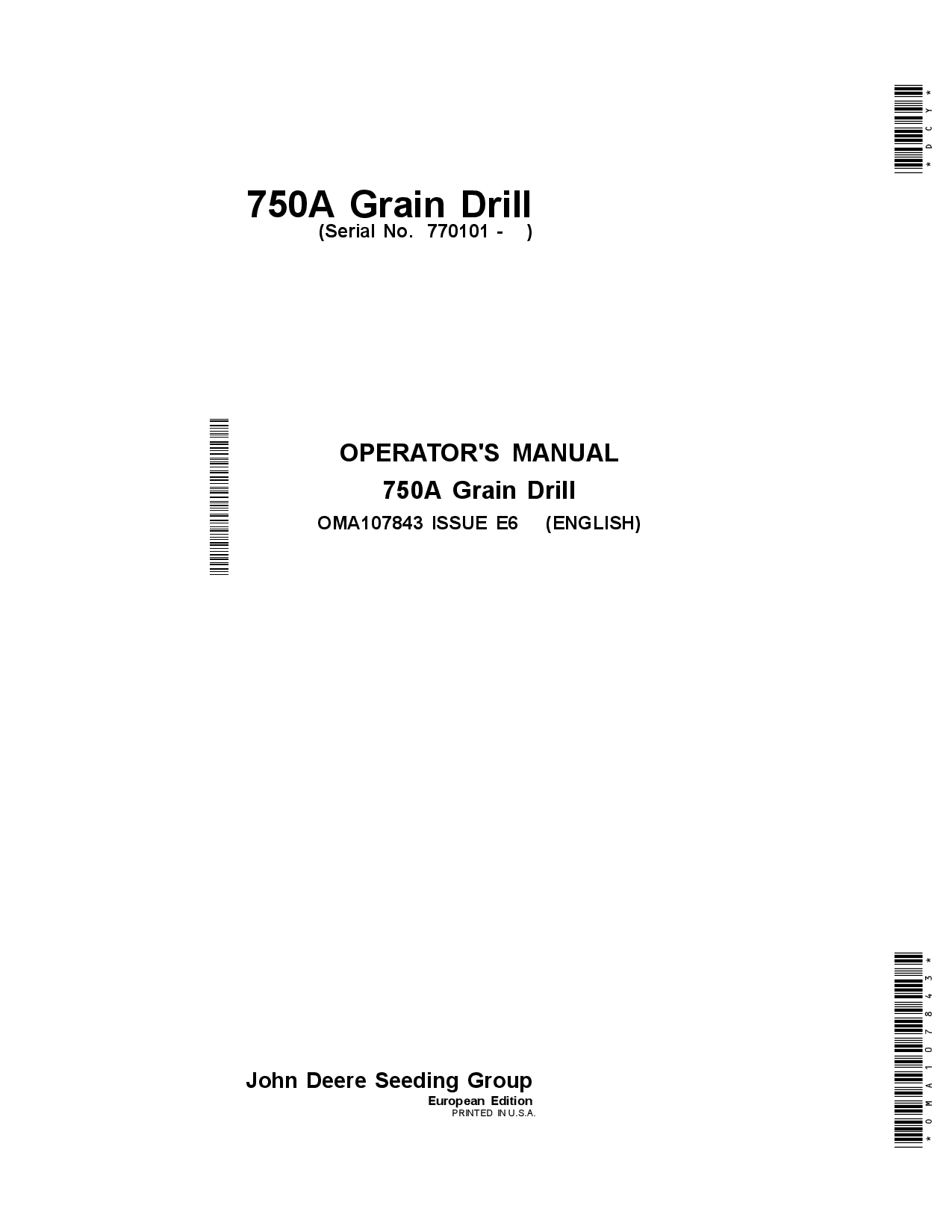 John Deere 750A Grain Drill (European Edition) OMA107843 Operators and Maintenance Manual PDF Download