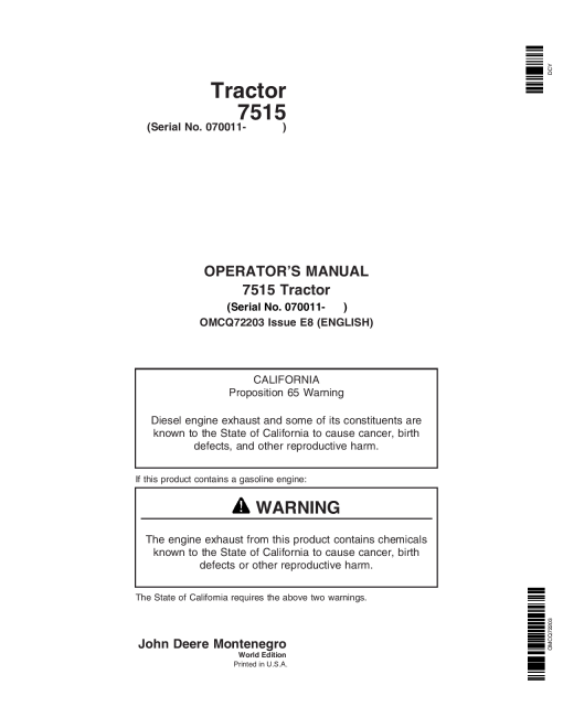 John Deere 7515 Tractor OMCQ72203 Operators and Maintenance Manual PDF Download