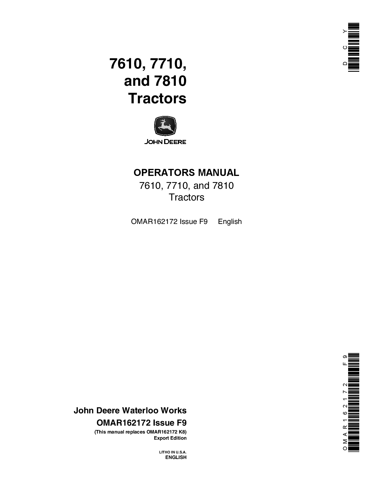 John Deere 7610, 7710, 7810 Tractors OMAR162172 Operators and Maintenance Manual PDF Download