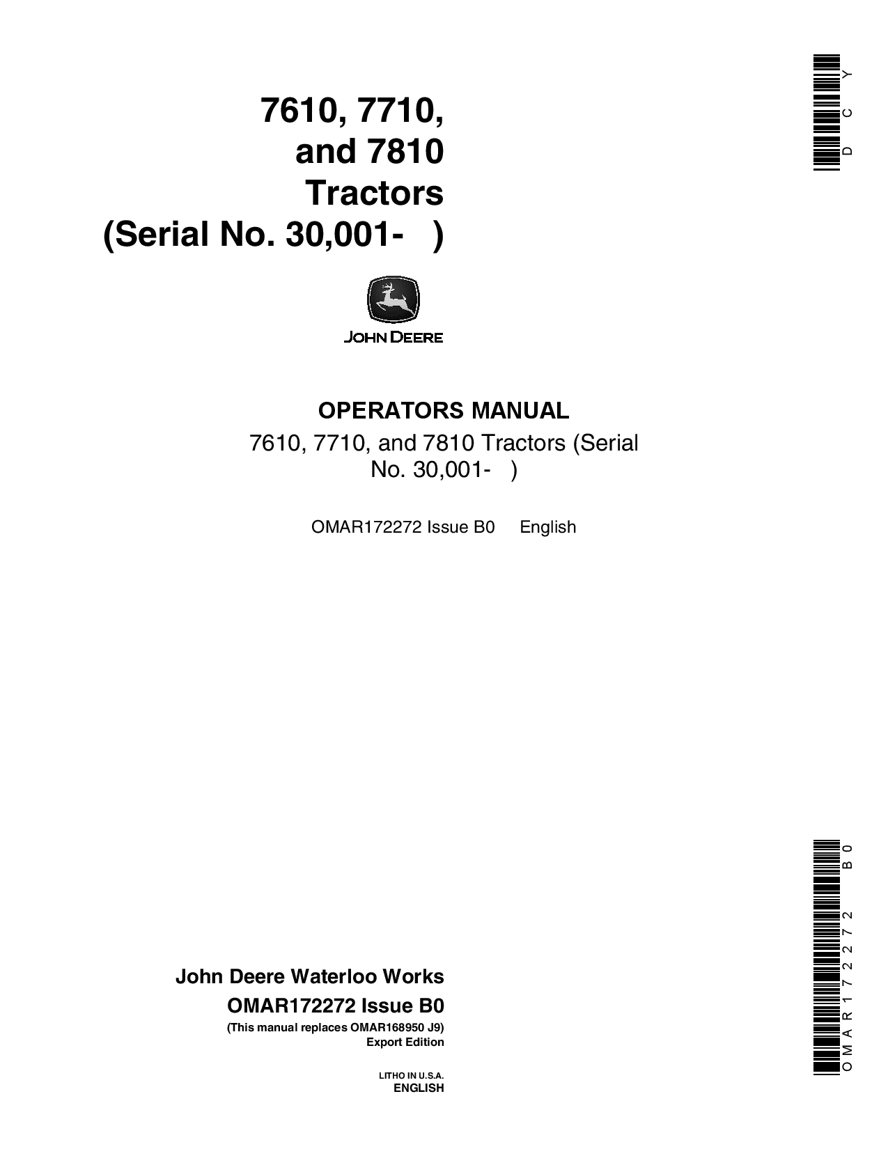 John Deere 7610, 7710, 7810 Tractors OMAR172272 Operators and Maintenance Manual PDF Download