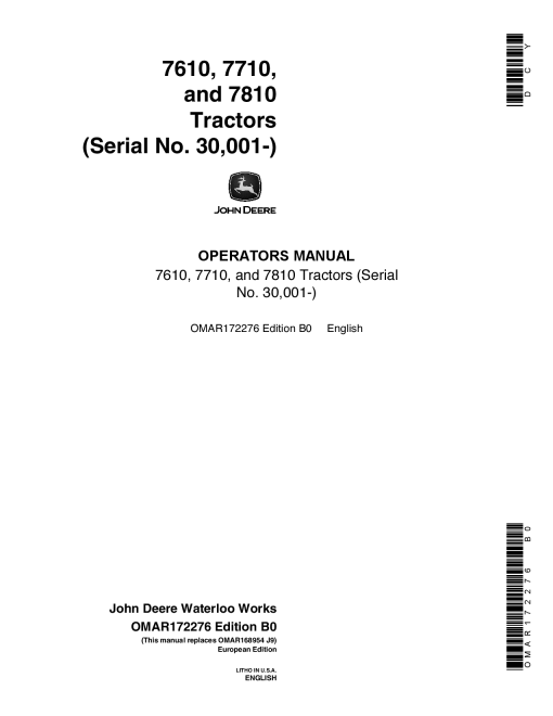John Deere 7610, 7710, 7810 Tractors OMAR172276 Operators and Maintenance Manual PDF Download