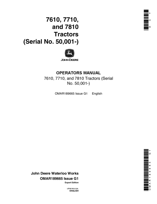 John Deere 7610, 7710, 7810 Tractors OMAR189665 Operators and Maintenance Manual PDF Download