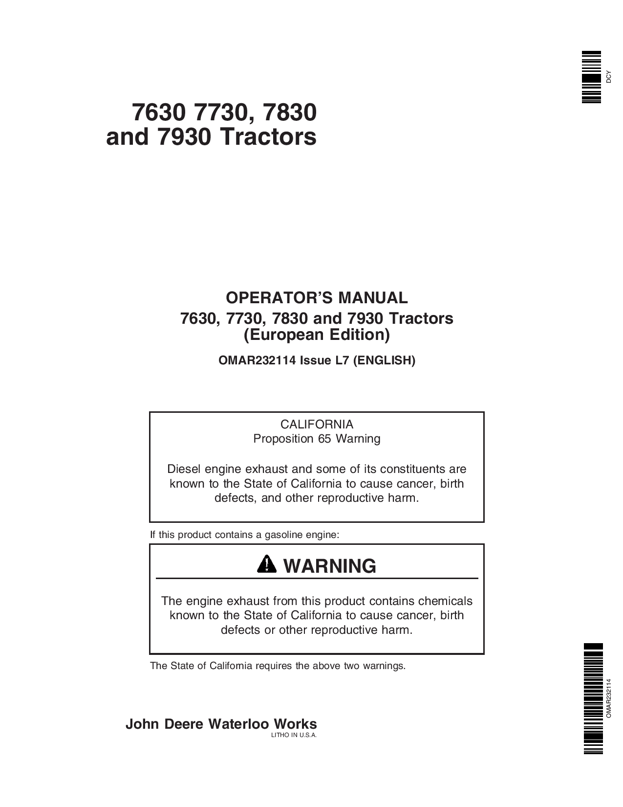 John Deere 7630, 7730, 7830 &7930 Tractors European Edition (000001-019999) OMAR232114 Operators and Maintenance Manual PDF Download