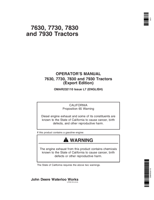 John Deere 7630, 7730, 7830 & 7930 Tractors Export Edition (000001-019999) OMAR232110 Operators and Maintenance Manual PDF Download