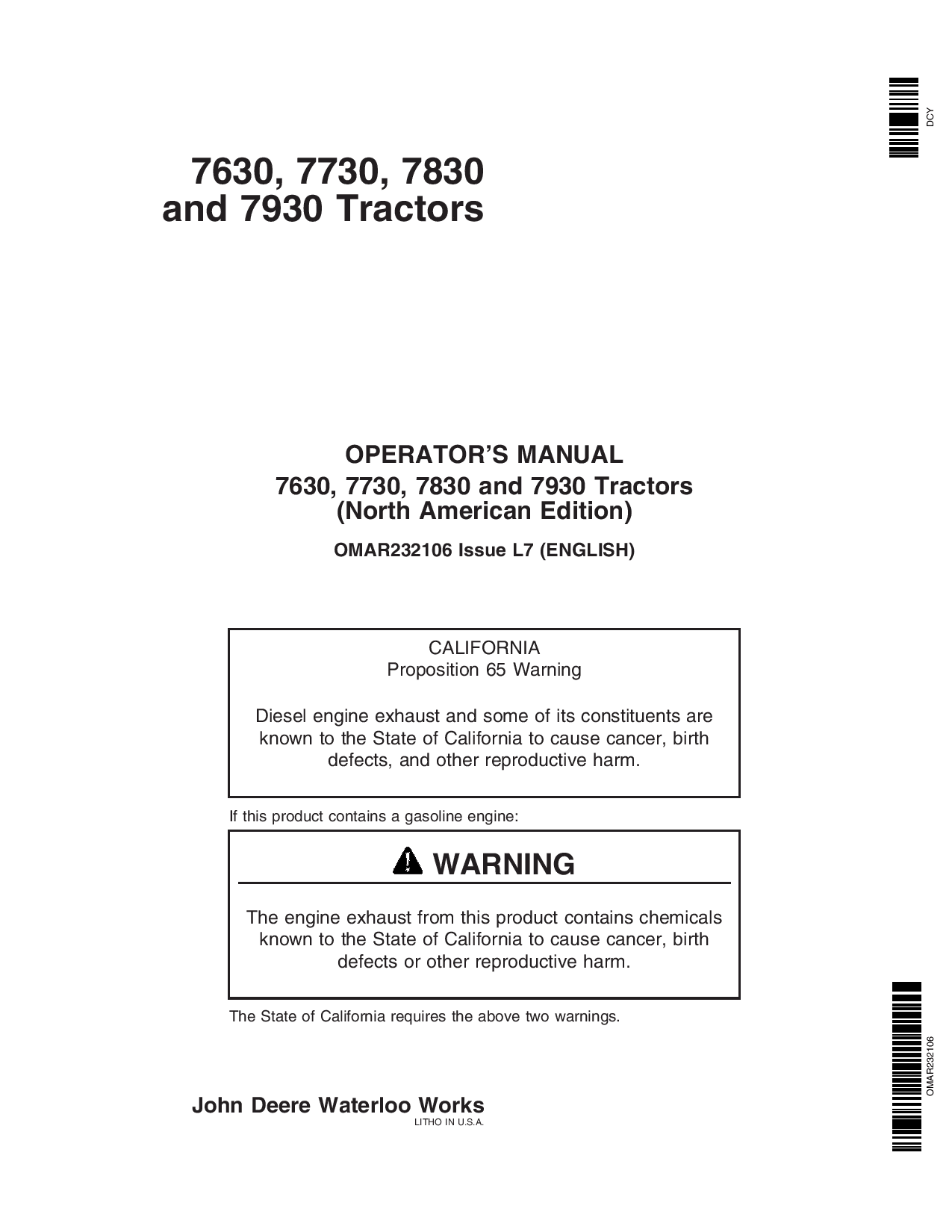 John Deere 7630, 7730, 7830 & 7930 Tractors North American Edition (000001 -019999) OMAR232106 Operators and Maintenance Manual PDF Download