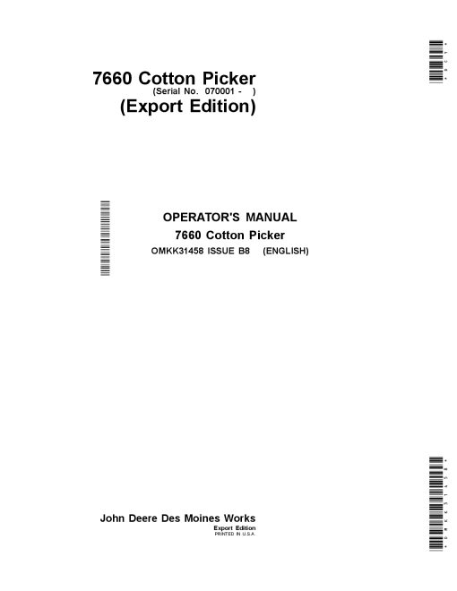 John Deere 7660 Cotton Picker OMKK31458 Operators and Maintenance Manual PDF Download