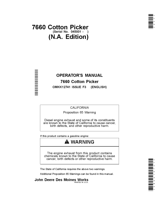 John Deere 7660 Cotton Pickers OMKK12741 Operators and Maintenance Manual PDF Download