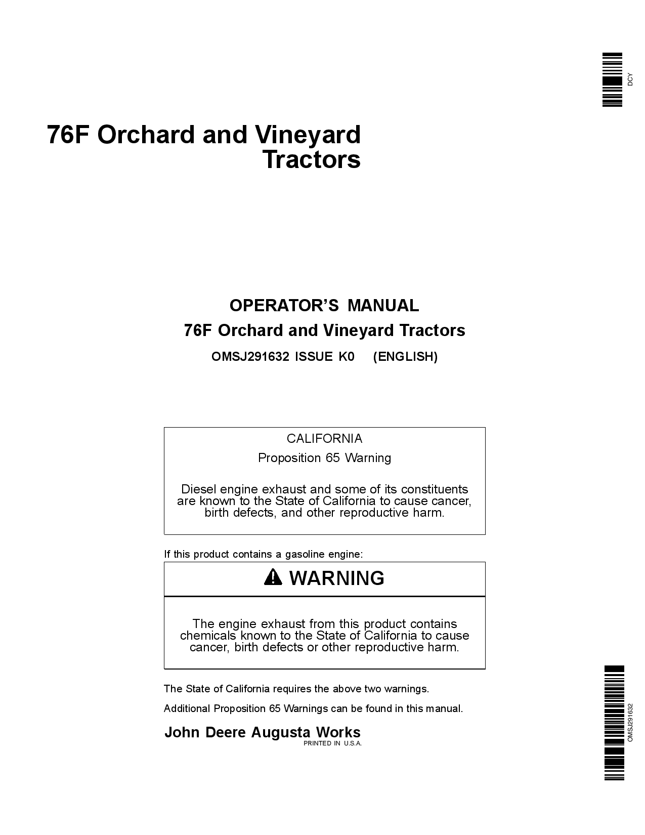 John Deere 76F Orchard and Vineyard Tractors OMSJ291632 Operators and Maintenance Manual PDF Download