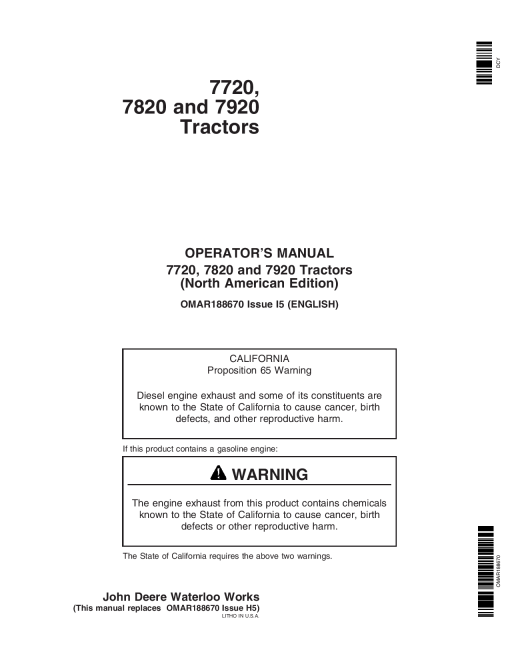 John Deere 7720, 7820, 7920 Tractors OMAR188670 Operators and Maintenance Manual PDF Download