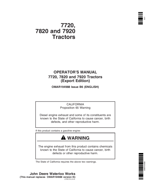John Deere 7720, 7820, 7920 Tractors OMAR194988 Operators and Maintenance Manual PDF Download