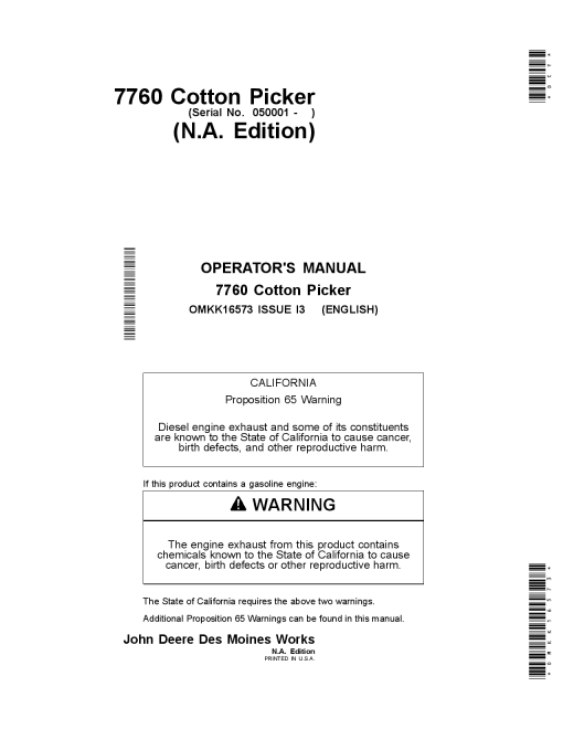 John Deere 7760 Cotton Picker (050001-) OMKK16573 Operators and Maintenance Manual PDF Download