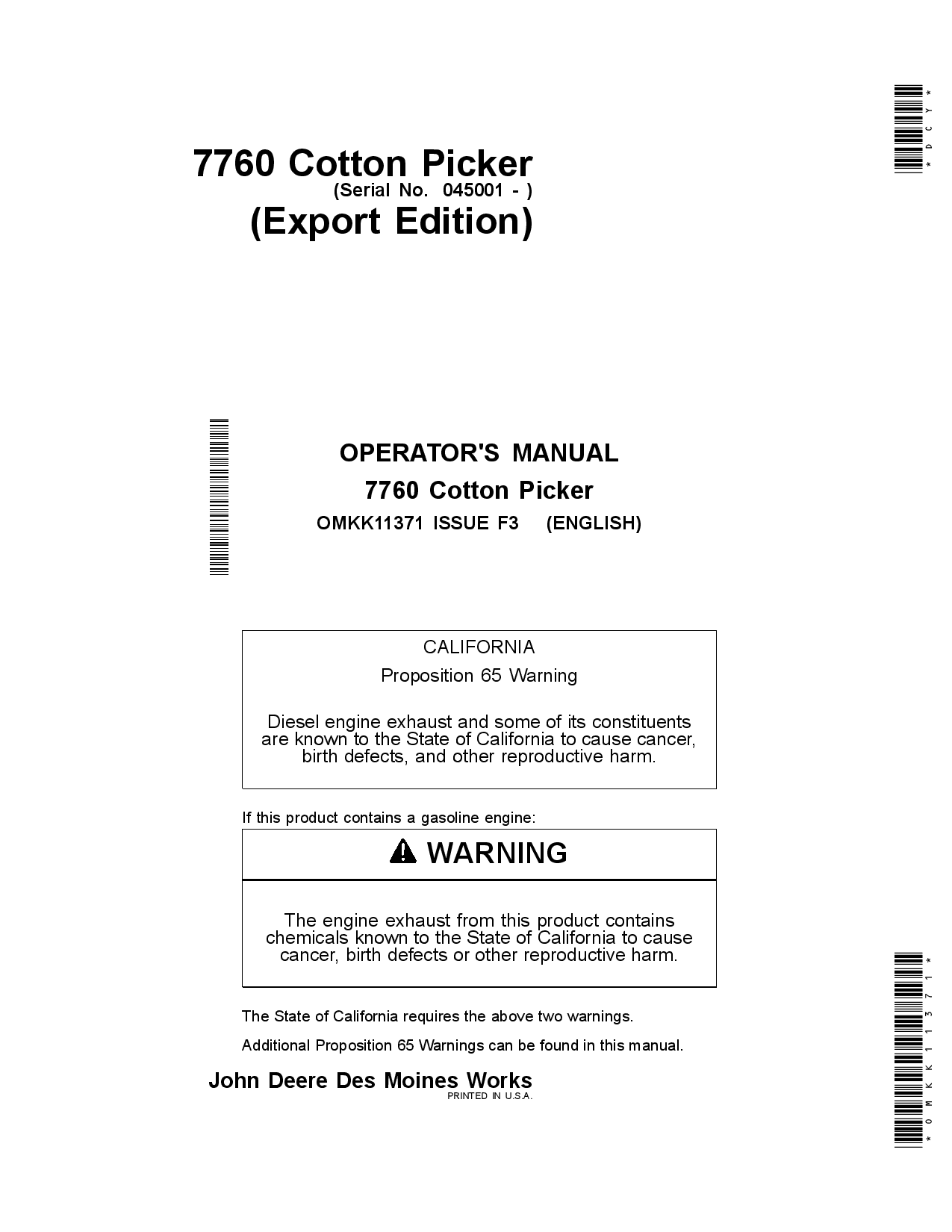 John Deere 7760 Cotton Picker (450001-) OMKK11371 Operators and Maintenance Manual PDF Download