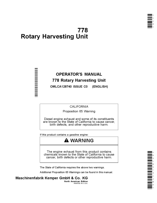 John Deere 778 Rotary Harvesting Unit OMLCA128740 Operators and Maintenance Manual PDF Download