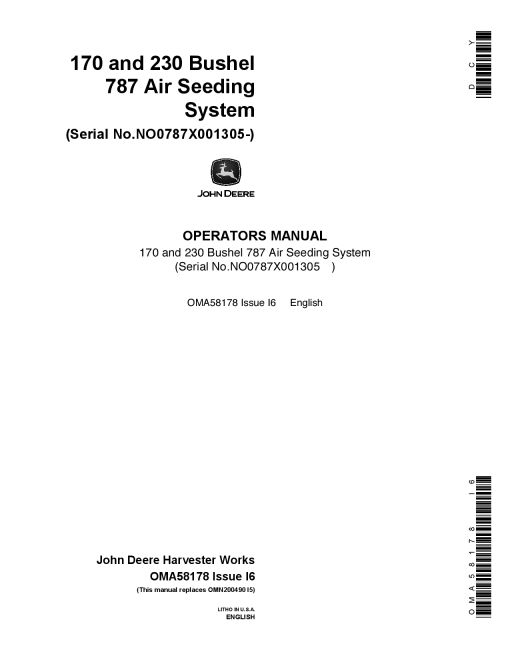 John Deere 787 Air Seeding System (001305-) OMA58178 Operators and Maintenance Manual PDF Download