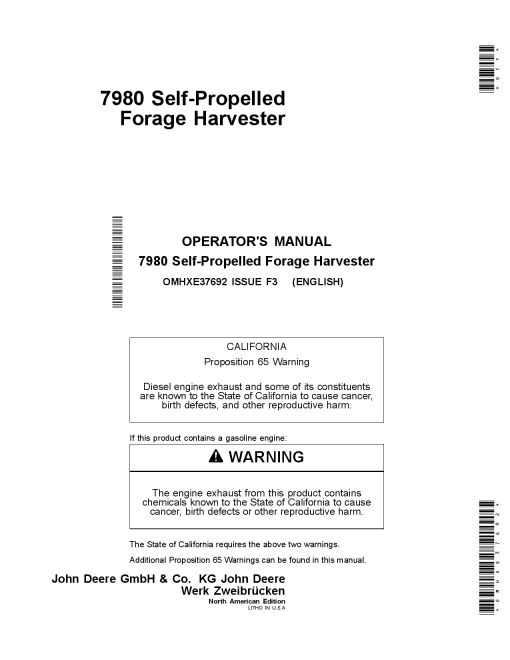 John Deere 7980 Self-Propelled Forage Harvester (North American Edition) OMHXE37692 Operators and Maintenance Manual PDF Download