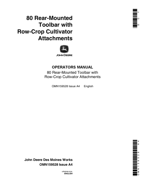 John Deere 80 Rear-Mounted Toolbar w Cultivator Attachments OMN159528 Operators and Maintenance Manual PDF Download
