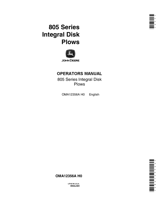 John Deere 805 Series Integral Disk Plows OMA12356A Operators and Maintenance Manual PDF Download