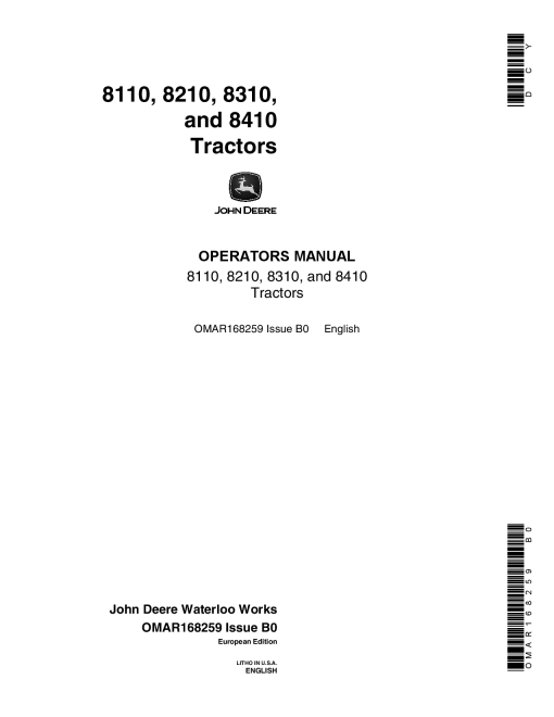 John Deere 8110, 8210, 8310, 8410 Tractors OMAR168259 Operators and Maintenance Manual PDF Download