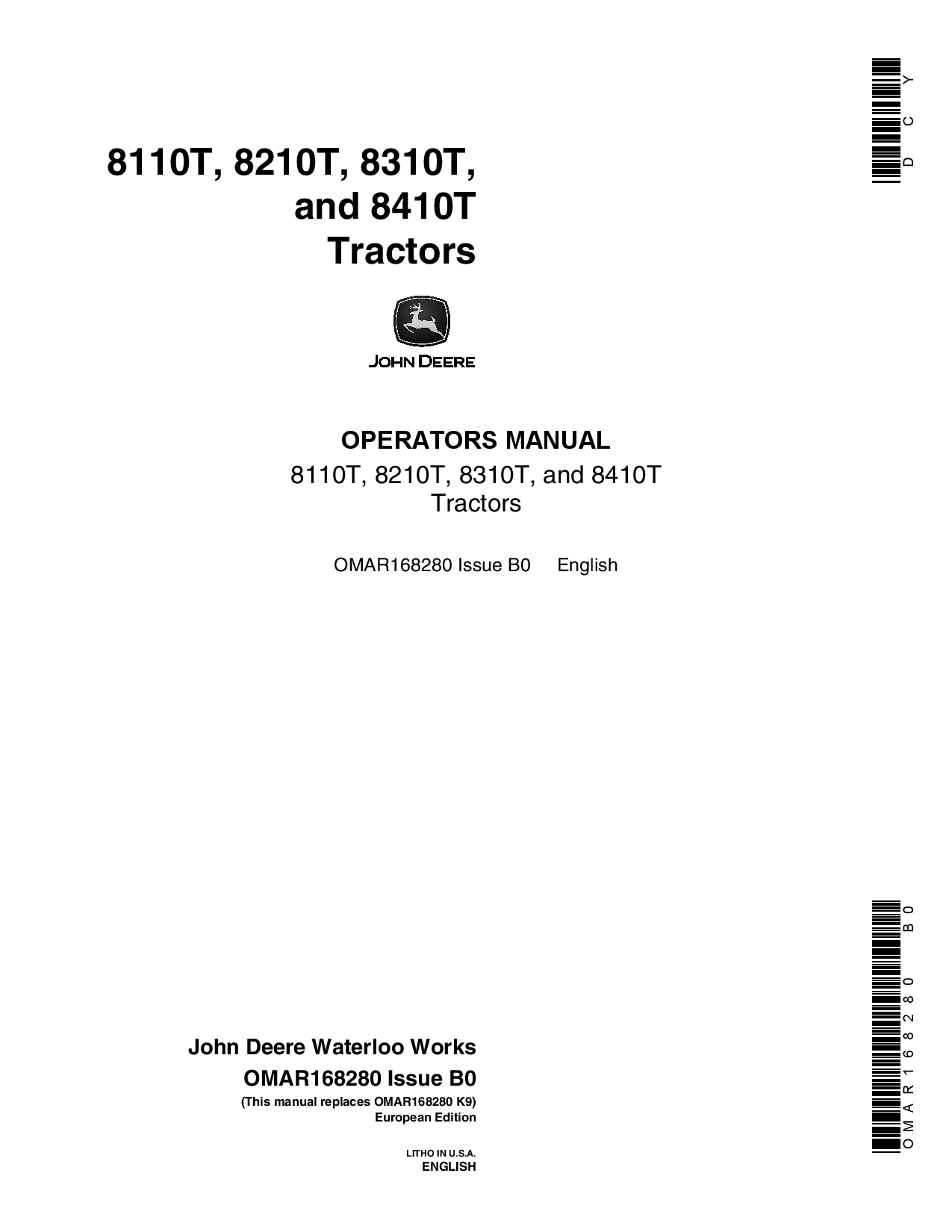 John Deere 8110T, 8210T, 8310T, 8410T Tractors OMAR168280 Operators and Maintenance Manual PDF Download