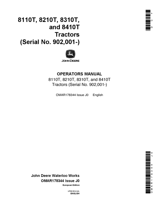 John Deere 8110T, 8210T, 8310T, 8410T Tractors OMAR178344 Operators and Maintenance Manual PDF Download