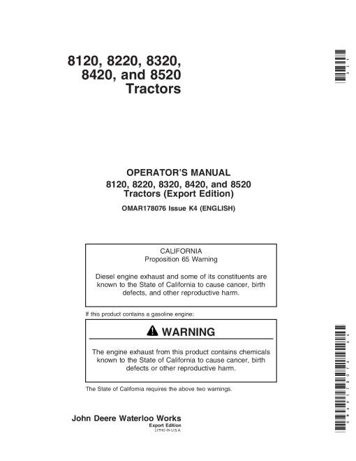 John Deere 8120, 8220, 8320, 8420, 8520 Tractors (Export Region) OMAR178076 Operators and Maintenance Manual PDF Download