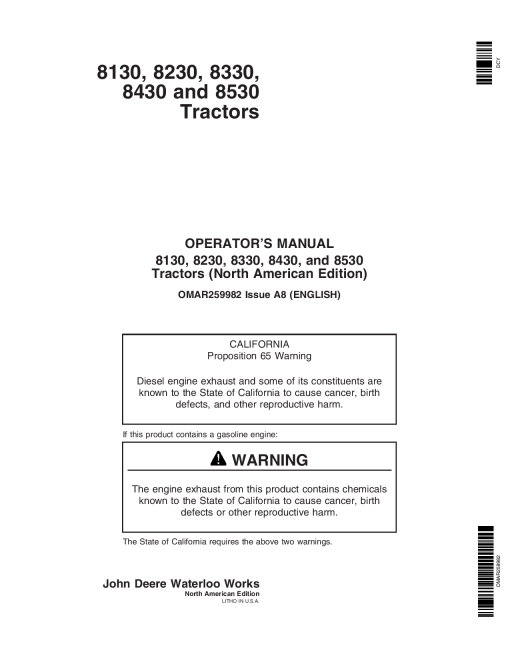 John Deere 8130, 8230, 8330, 8430, 8530 Row Crop Tractors OMAR259982 Operators and Maintenance Manual PDF Download