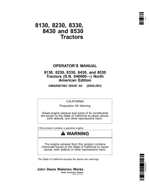 John Deere 8130, 8230, 8330, 8430 and 8530 Tractors (040000-) OMAR287583 Operators and Maintenance Manual PDF Download