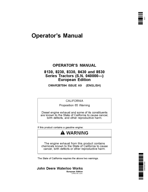 John Deere 8130, 8230, 8330, 8430 and 8530 Tractors (040000-) OMAR287594 Operators and Maintenance Manual PDF Download