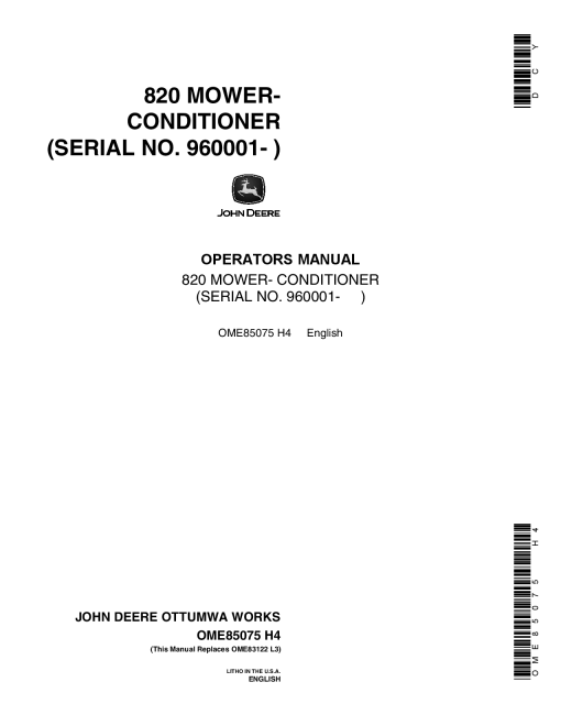 John Deere 820 Mower Conditioner (960001-) OME85075 Operators and Maintenance Manual PDF Download