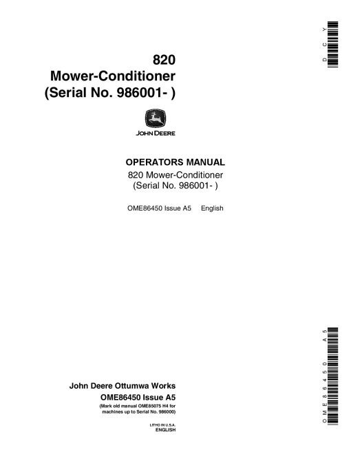 John Deere 820 Mower Conditioner (986001-) OME86450 Operators and Maintenance Manual PDF Download