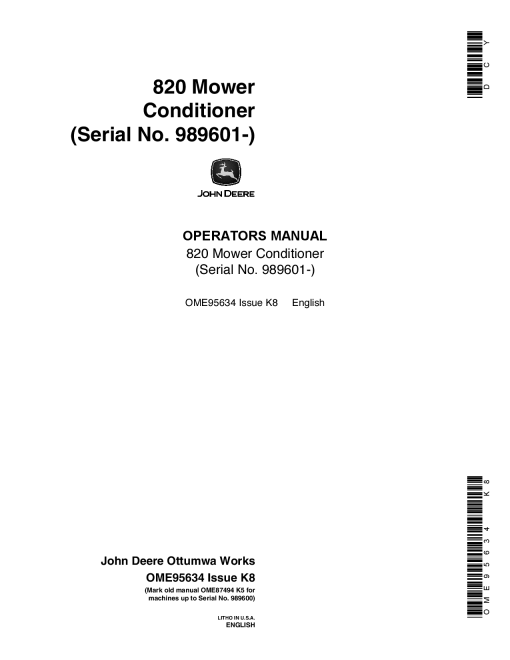 John Deere 820 Mower Conditioner (989601 -) OME95634 Operators and Maintenance Manual PDF Download