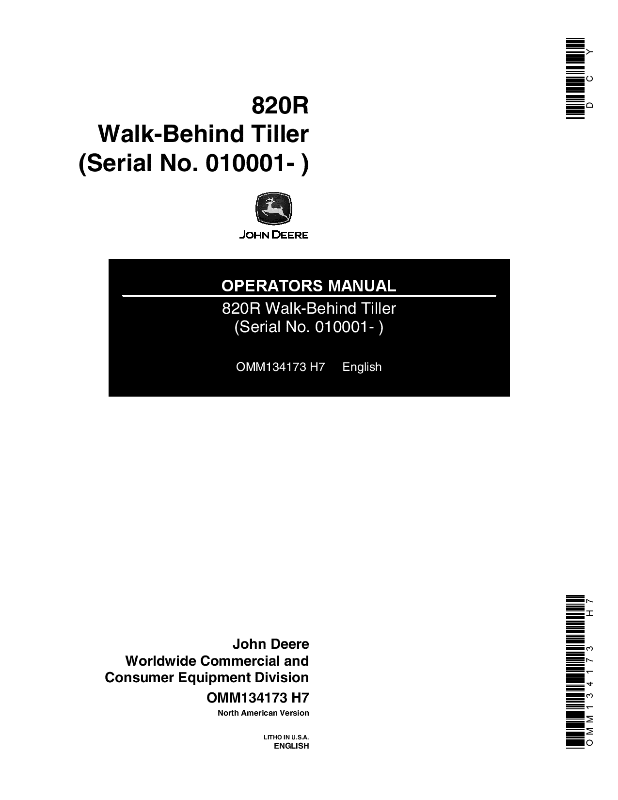 John Deere 820R Walk-Behind Tiller (010001-) OMM134173 Operators and Maintenance Manual PDF Download